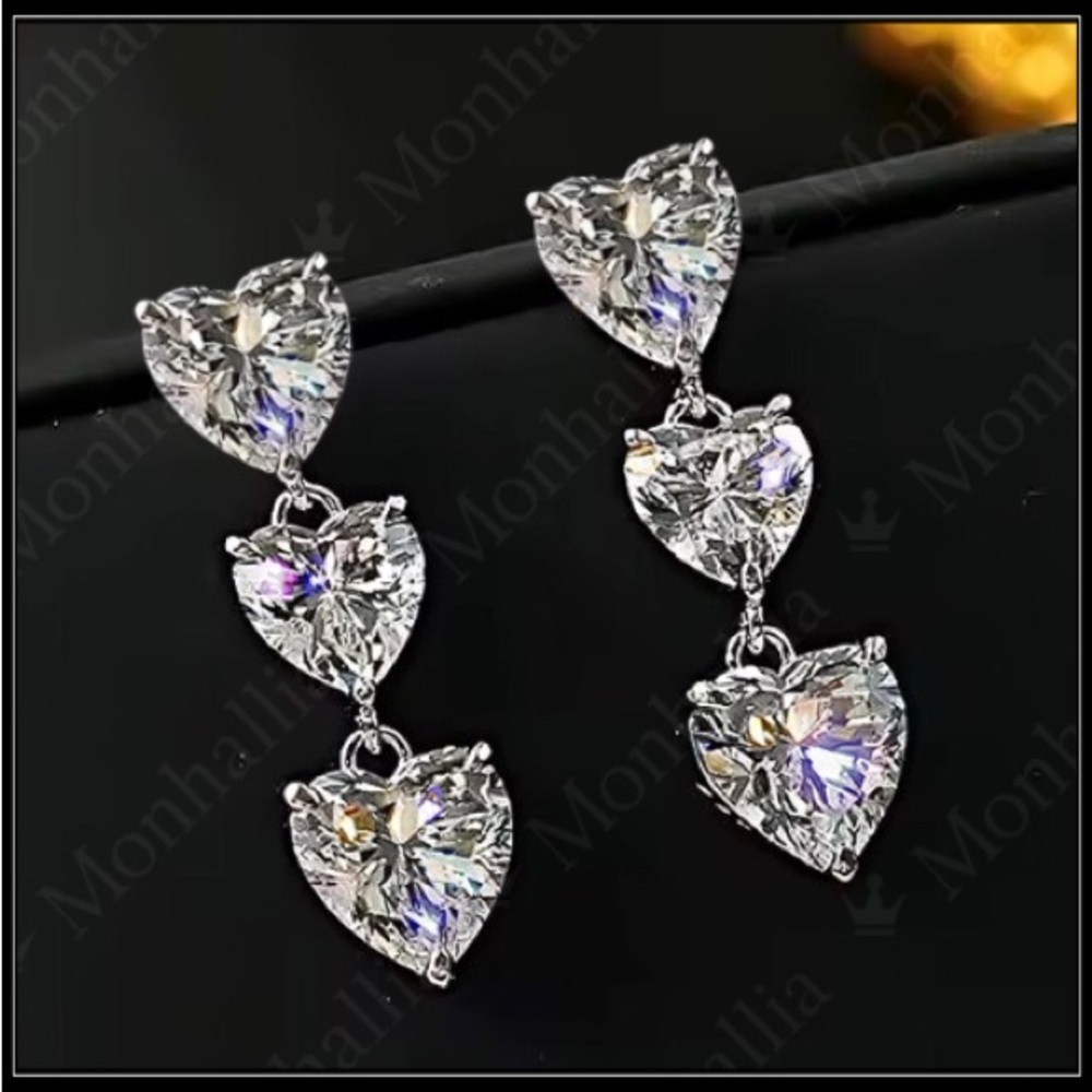 New Triple Heart Crystal Drop Earrings – Elegant Silver Love Statement Jewelry